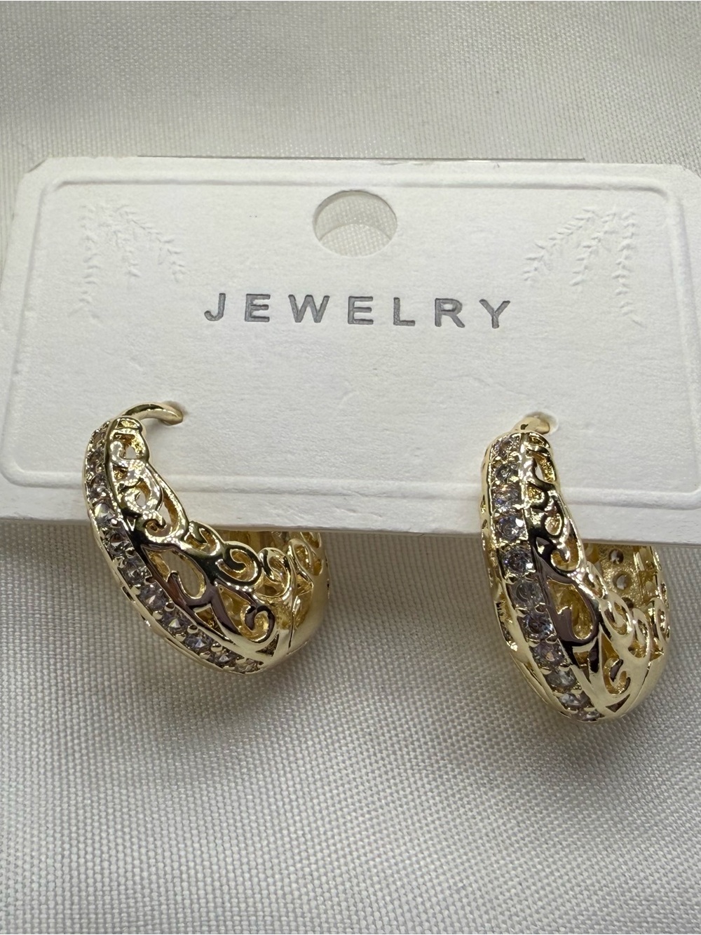 Gold plated Filigree Hoop Earrings with Crystal Accents - Women Jewelry
